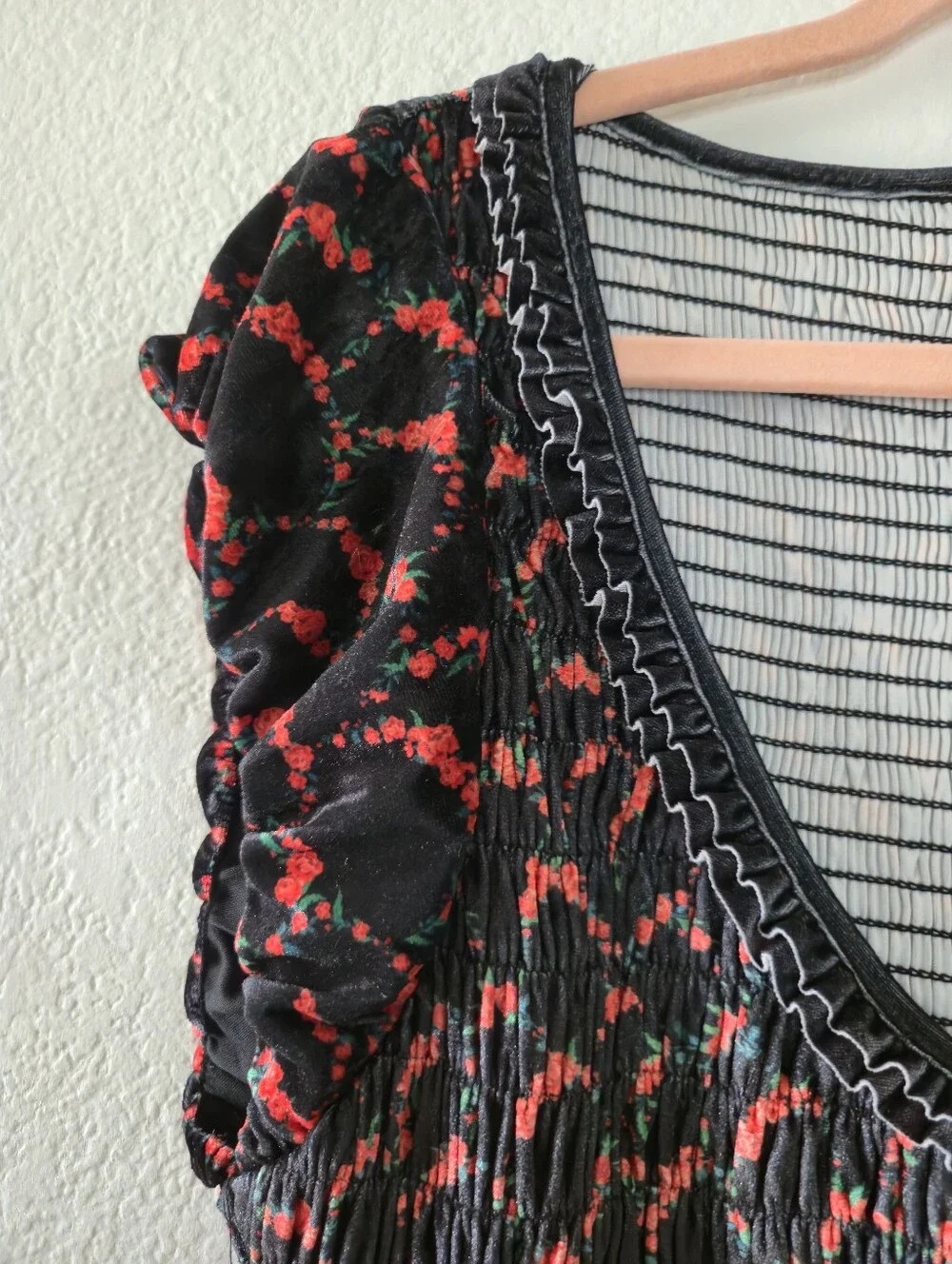 Free People McKenna V Neck Smocked Black & Red Velvet Bodycon Maxi Black Medium